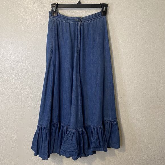 Vintage Liz Claiborne Boho Denim Ruffled Bottom Skirt Size 2 Western Country - Picture 1 of 8